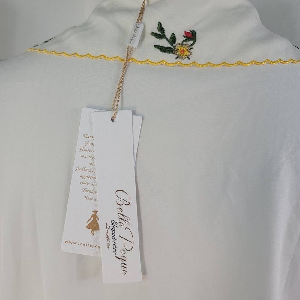 BELLE POQUE Vintage White Peter Pan Embroidered Blouse Puff Sleeve Elegant Retro - Picture 12 of 16
